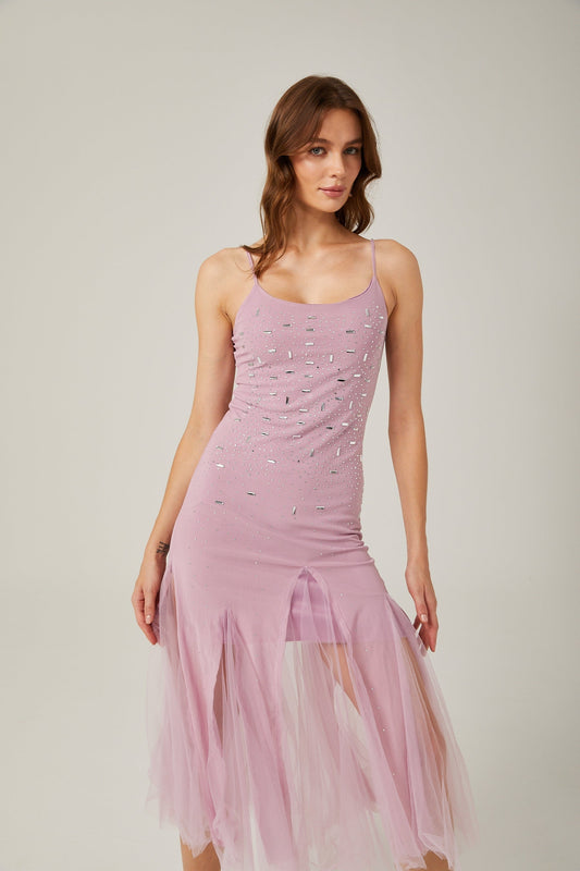 a purple midi dress with sheer mesh overlay and embellished details