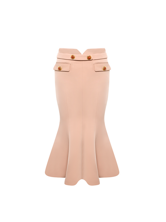 Beige high-waisted skirt with a fishtail silhouette, decorative gold-tone buttons, and structured details for an elegant and refined look.