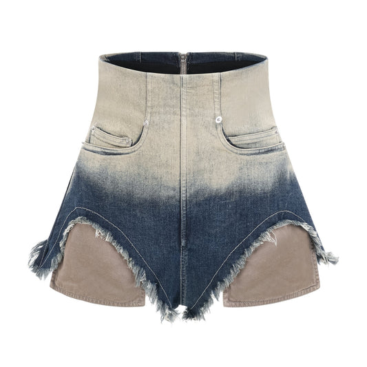 Light blue denim cutoff shorts with frayed edges and distressed details