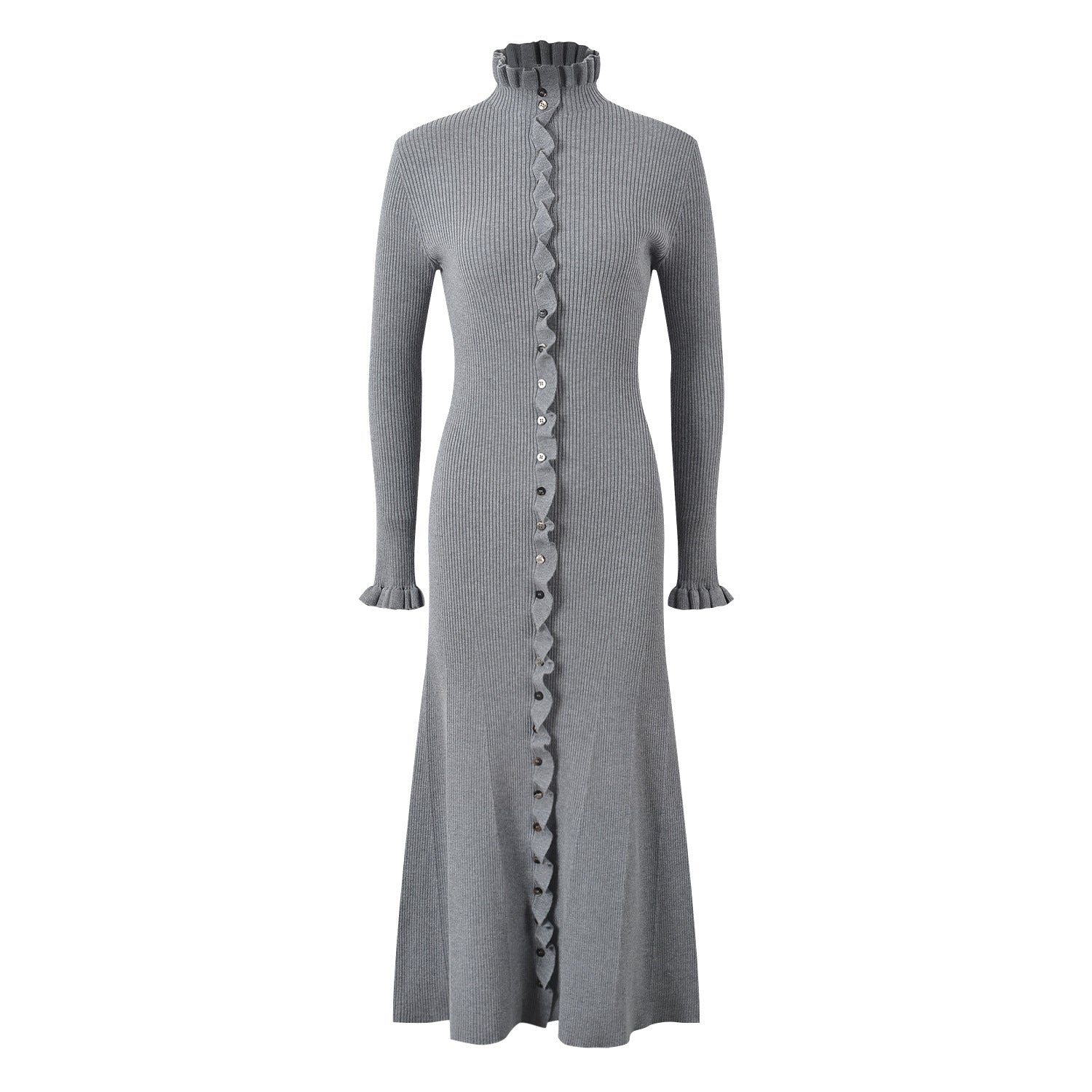 Long Ribbed Knit Cardigan with Scalloped Trim - Gray