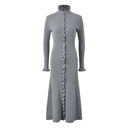 Long Ribbed Knit Cardigan with Scalloped Trim - Gray