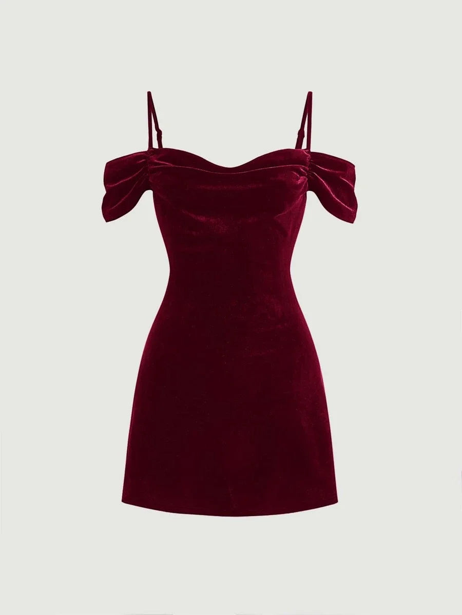 MOD Cold Shoulder Ruched Velvet Red Dress With Swung Collar Short Dress