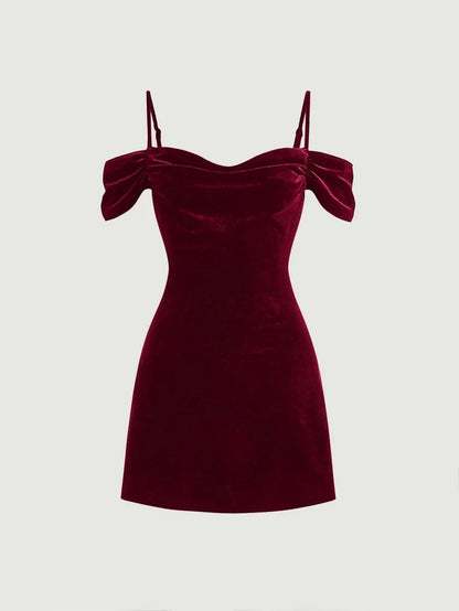 MOD Cold Shoulder Ruched Velvet Red Dress With Swung Collar Short Dress