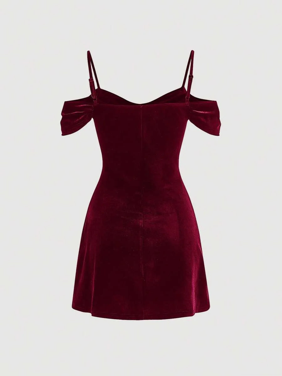 MOD Cold Shoulder Ruched Velvet Red Dress With Swung Collar Short Dress