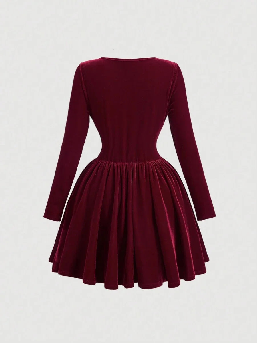 MOD Red Velvet WaistCinched Square Collar Short Dress For Women Turtleneck Long Sleeve Romper For