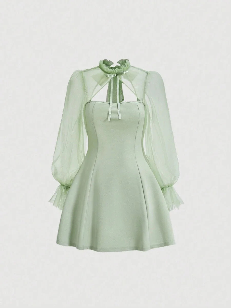 MOD Womens Flounce LongSleeved MintGreen Mesh Dress With Frills And LaceUp Neckline