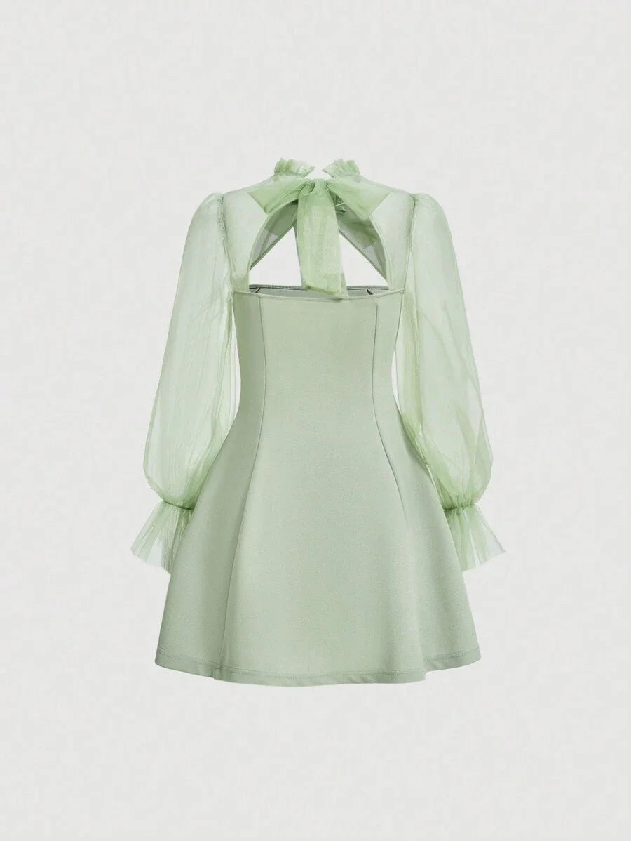 MOD Womens Flounce LongSleeved MintGreen Mesh Dress With Frills And LaceUp Neckline