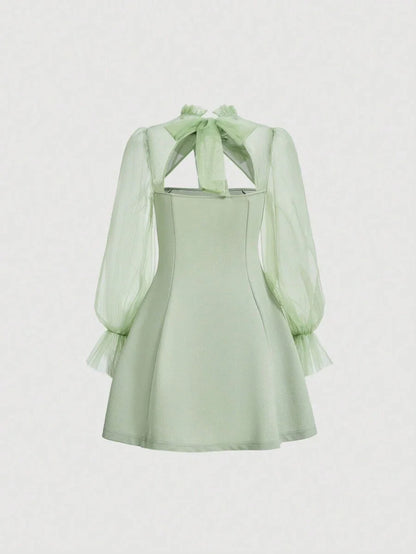 MOD Womens Flounce LongSleeved MintGreen Mesh Dress With Frills And LaceUp Neckline