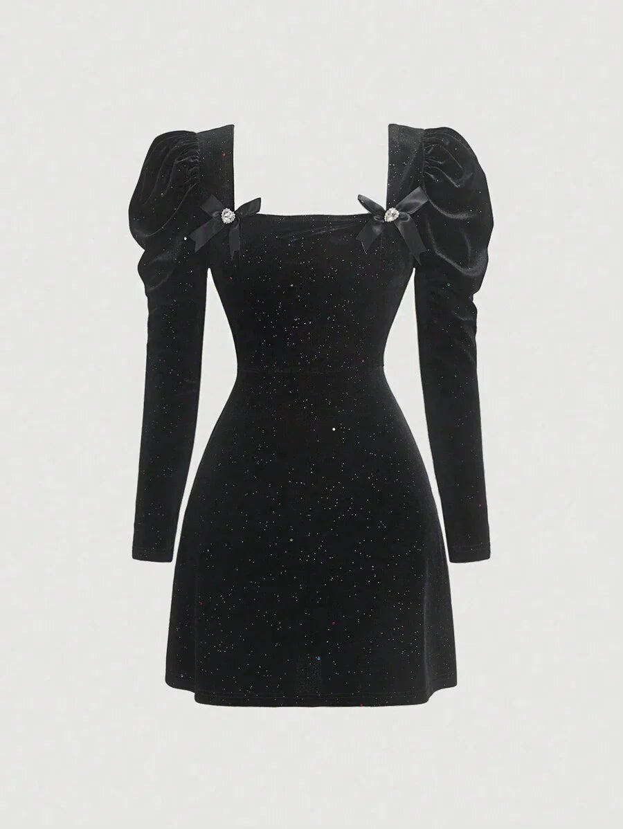 MOD Womens Puff Sleeve Dress With Bow Decorations