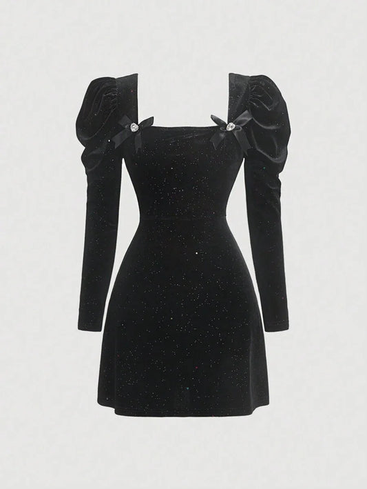 MOD Womens Puff Sleeve Dress With Bow Decorations