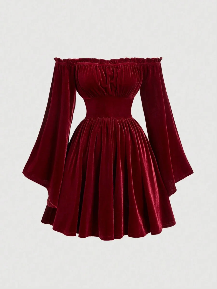 MOD Womens Vintage Open Shoulder Long Sleeve Red Velvet Mini DressBurgundy Velvet Dress