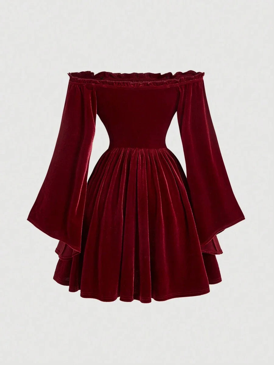 MOD Womens Vintage Open Shoulder Long Sleeve Red Velvet Mini DressBurgundy Velvet Dress