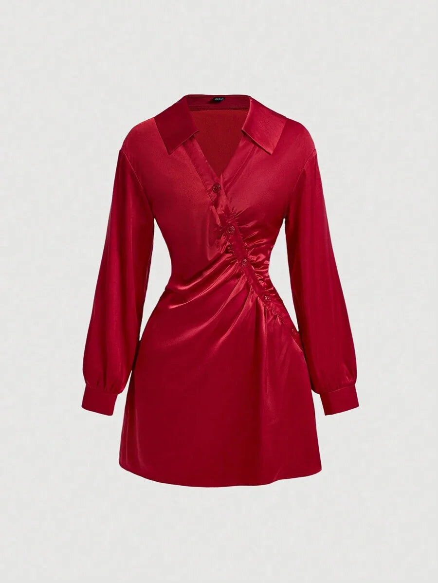 MOD Womens WineRed Solid Color Pleated Wrap Dress With Slanted Placket