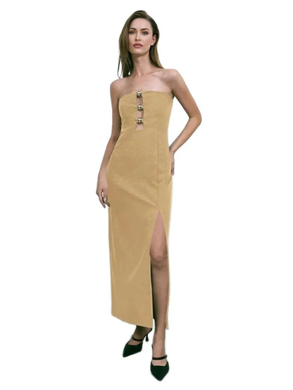 New AutumnWinter Elegant Casual City Style Black Bandeau Dress With Cinched Waist amp Gold Circle