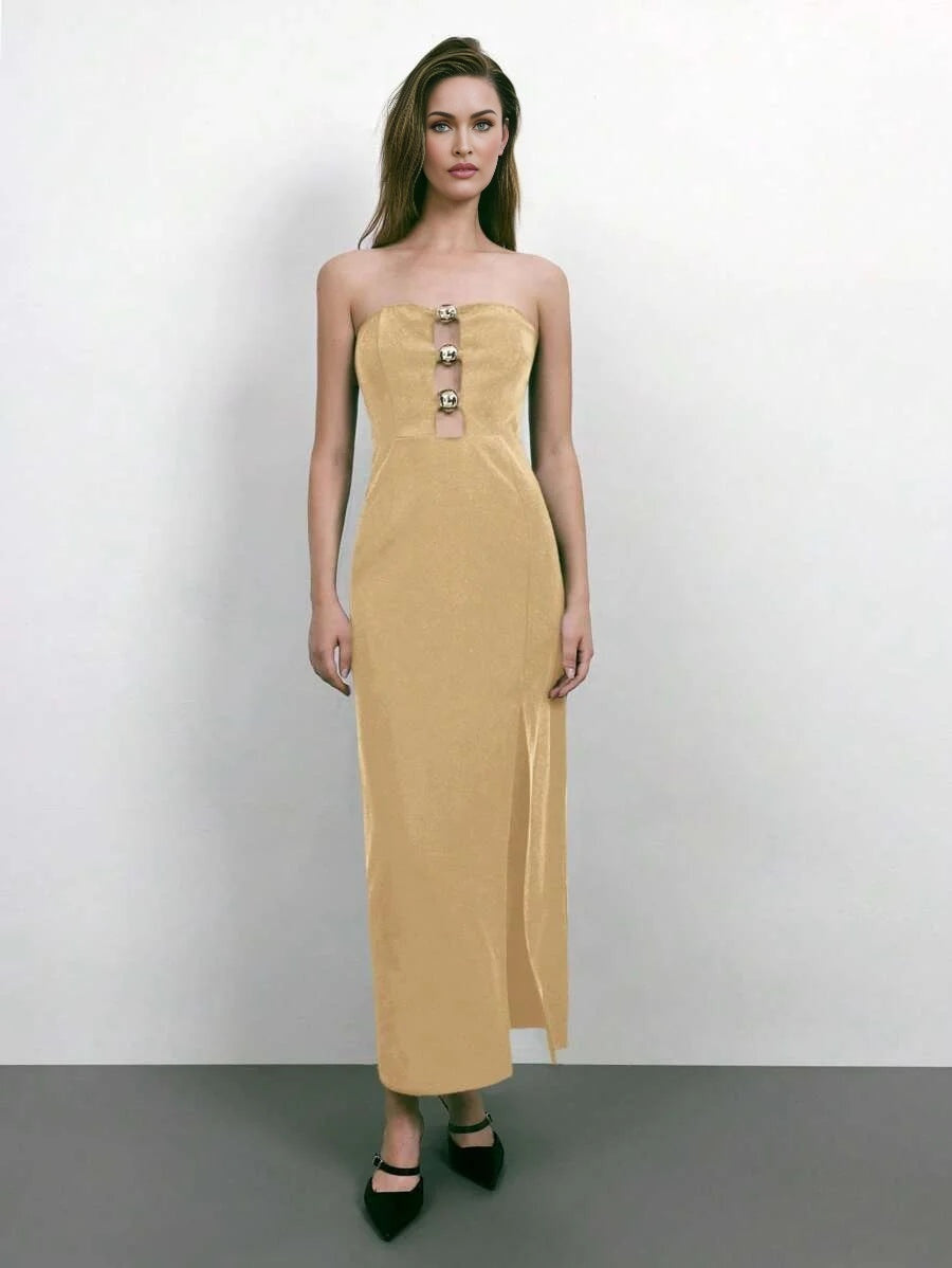 New AutumnWinter Elegant Casual City Style Black Bandeau Dress With Cinched Waist amp Gold Circle