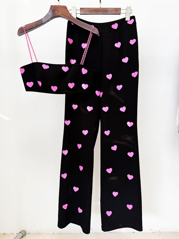 Playful Heart - Patterned Cropped Top & Flared Pants Set - Black