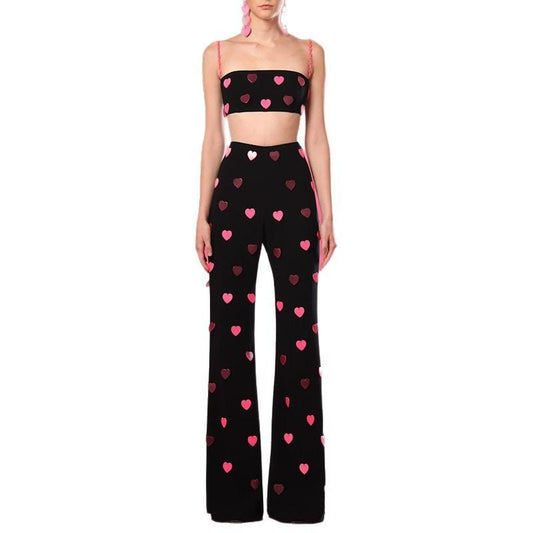 Playful Heart - Patterned Cropped Top & Flared Pants Set - Black