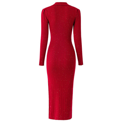 Polo - Collared Fitted Knit Dress - Red