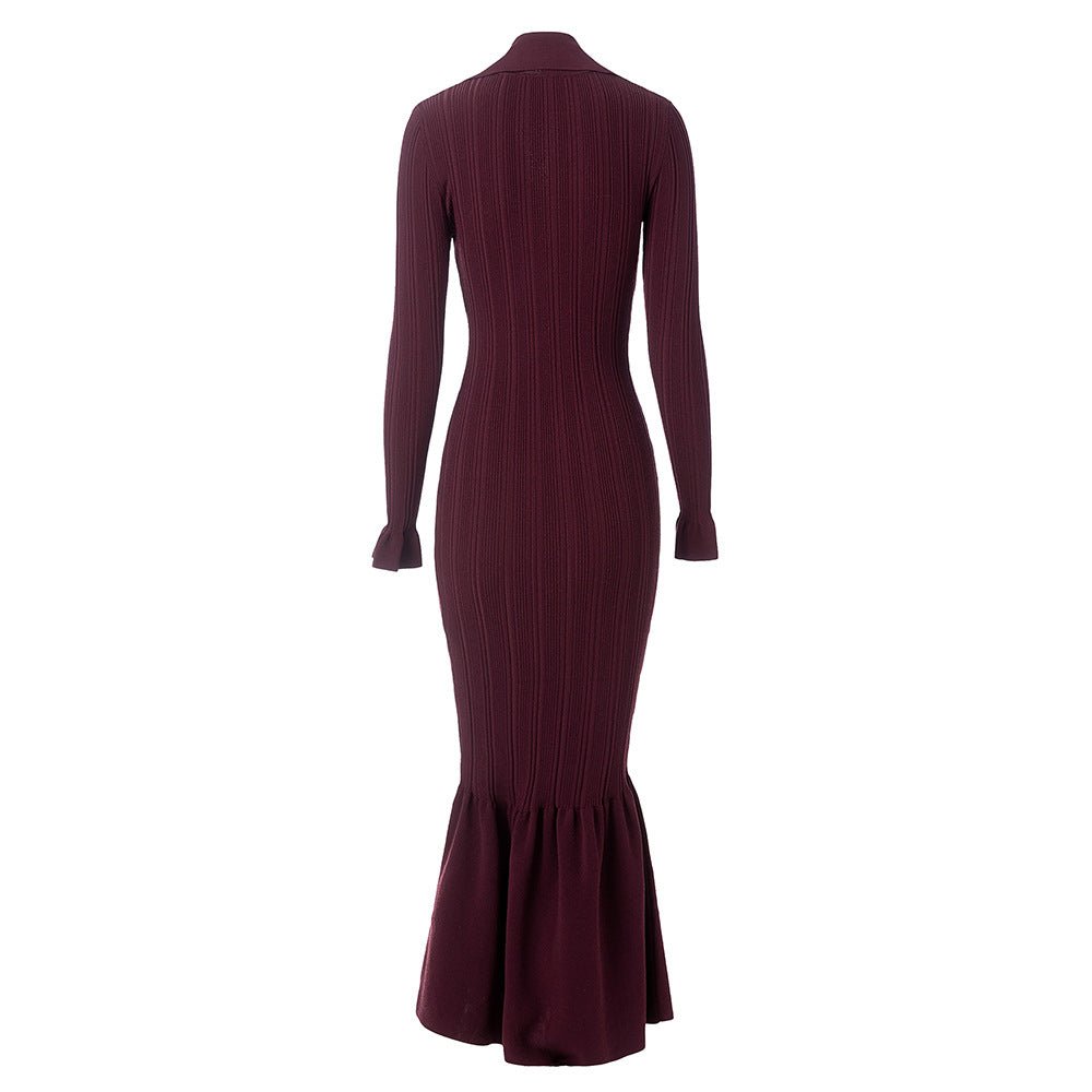 Ribbed Bodycon Dress with Flared Hem & Cuffs - Burgundy