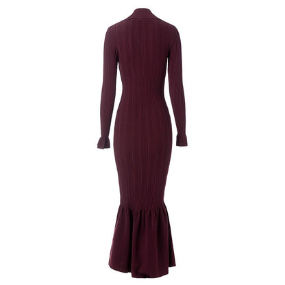 Ribbed Bodycon Dress with Flared Hem & Cuffs - Burgundy