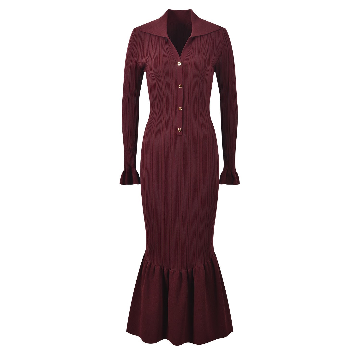 Ribbed Flared Silhouette Knit Dress with Button Details - Burgundy