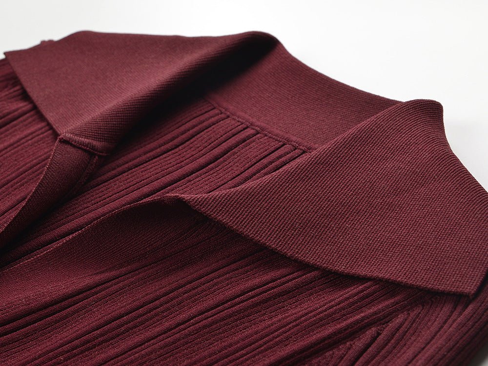 Ribbed Flared Silhouette Knit Dress with Button Details - Burgundy