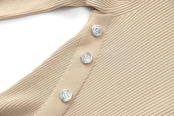 Ribbed Midi Dress with Decorative Buttons - Beige