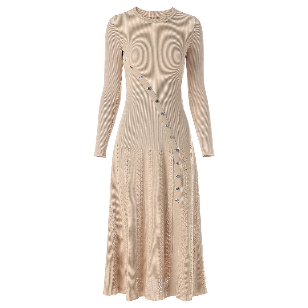 Ribbed Midi Dress with Decorative Buttons - Beige