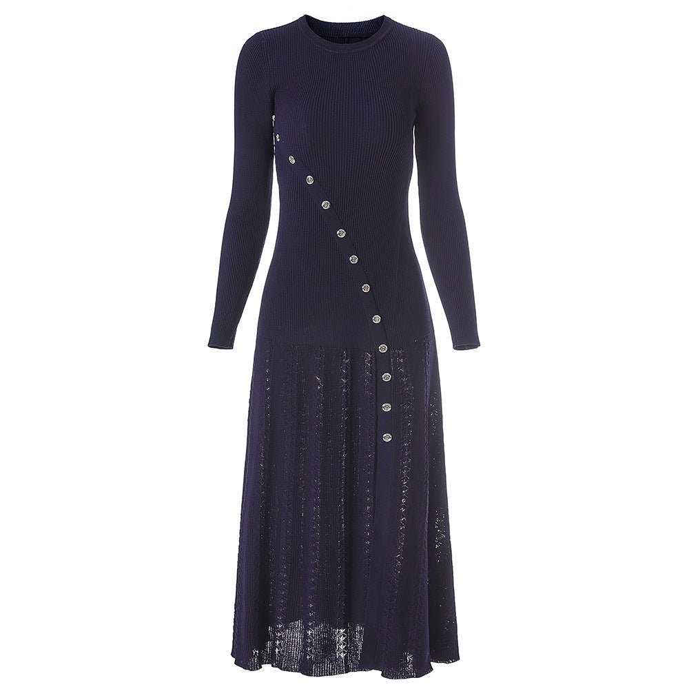 Ribbed Midi Dress with Decorative Buttons - Blue