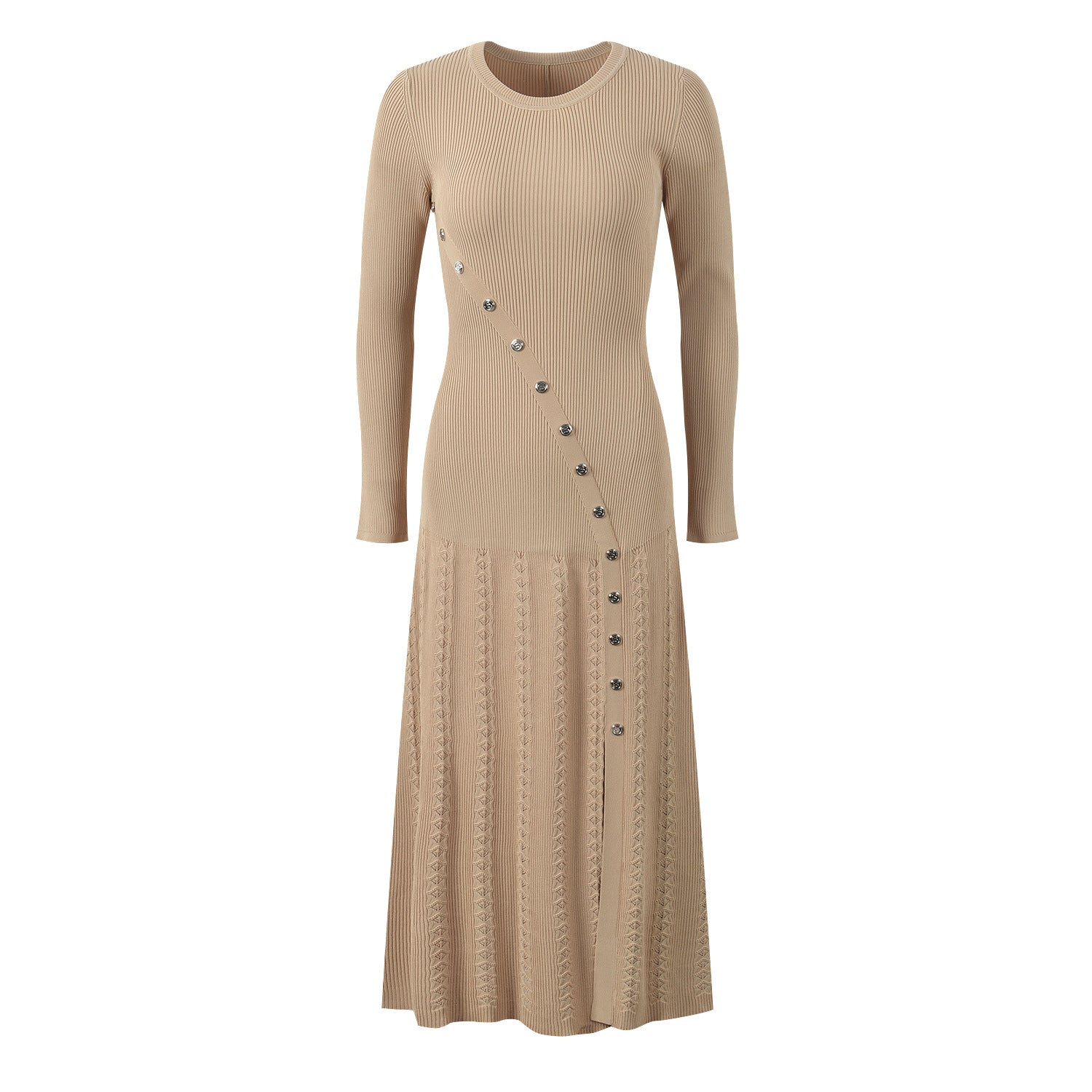 Ribbed Midi Dress with Decorative Buttons - Beige