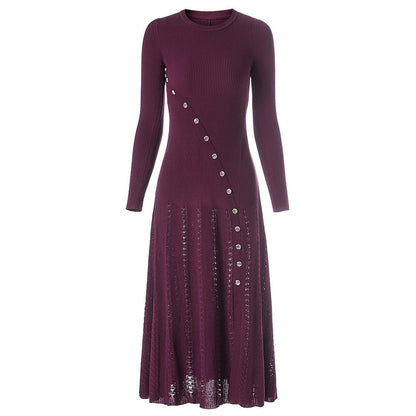 Ribbed Midi Dress with Decorative Buttons - Burgundy