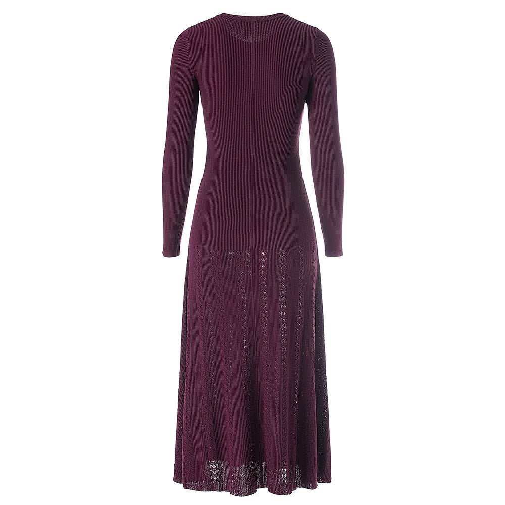 Ribbed Midi Dress with Decorative Buttons - Burgundy