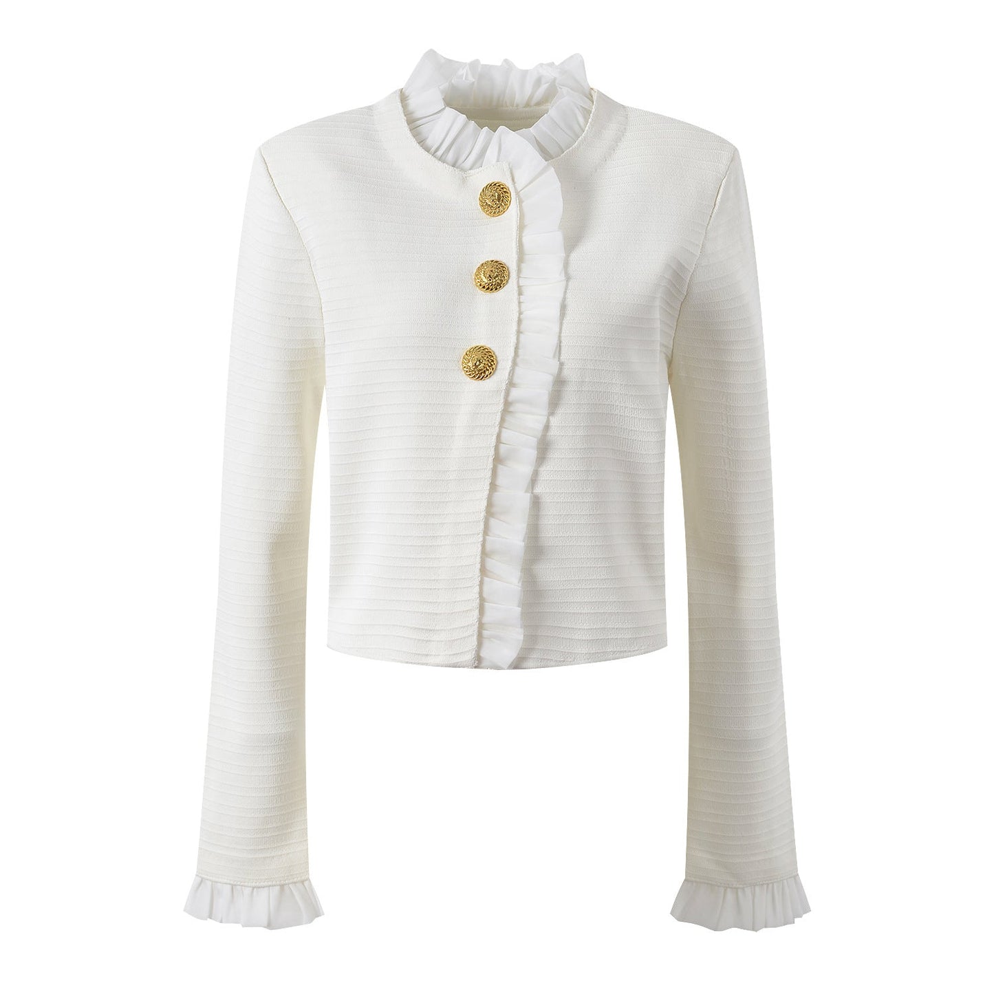 Ruffled Cropped Tailored Blouse with Gold Accents - White