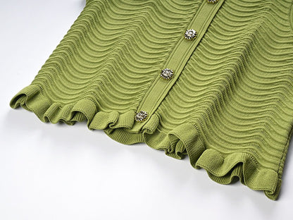 Ruffled Sleeveless Top in Textured Wave Pattern - Green