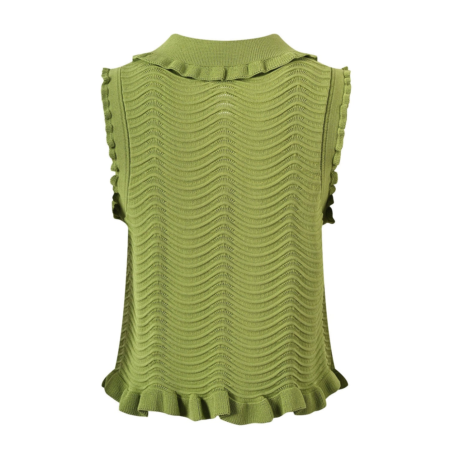 Ruffled Sleeveless Top in Textured Wave Pattern - Green