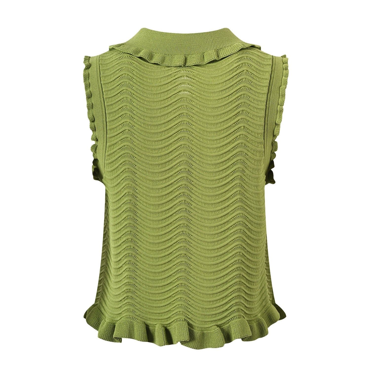 Ruffled Sleeveless Top in Textured Wave Pattern - Green