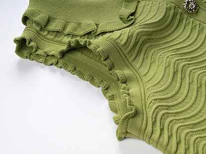 Ruffled Sleeveless Top in Textured Wave Pattern - Green