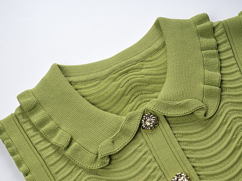 Ruffled Sleeveless Top in Textured Wave Pattern - Green