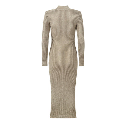 Shimmering Ribbed Knit Bodycon Midi Dress - Gold