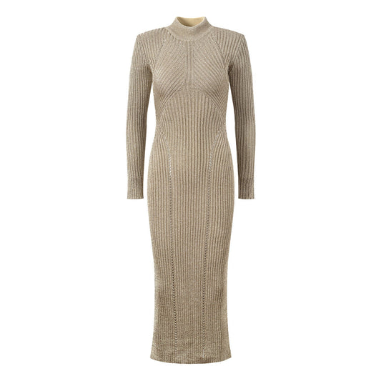 Shimmering Ribbed Knit Bodycon Midi Dress - Gold