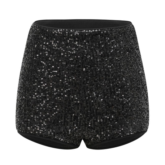 Silver sequin embellished high waist shorts with a shiny texture and fitted silhouette