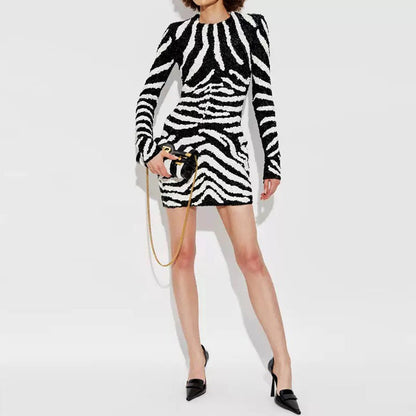 Sleek Bodycon Mini Dress with Bold Zebra Stripes - Black