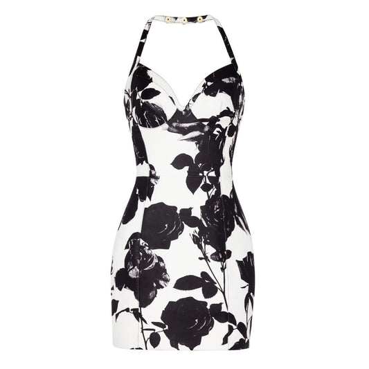 Sleek Floral Bodycon Dress - Black