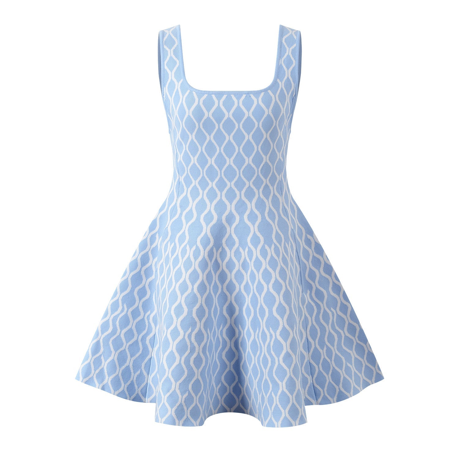 Sleeveless Fit - and - Flare Dress with Wave Pattern - Blue