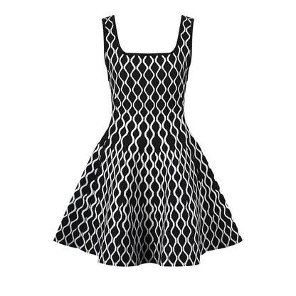 Sleeveless Fit - and - Flare Dress with Wave Pattern - Black