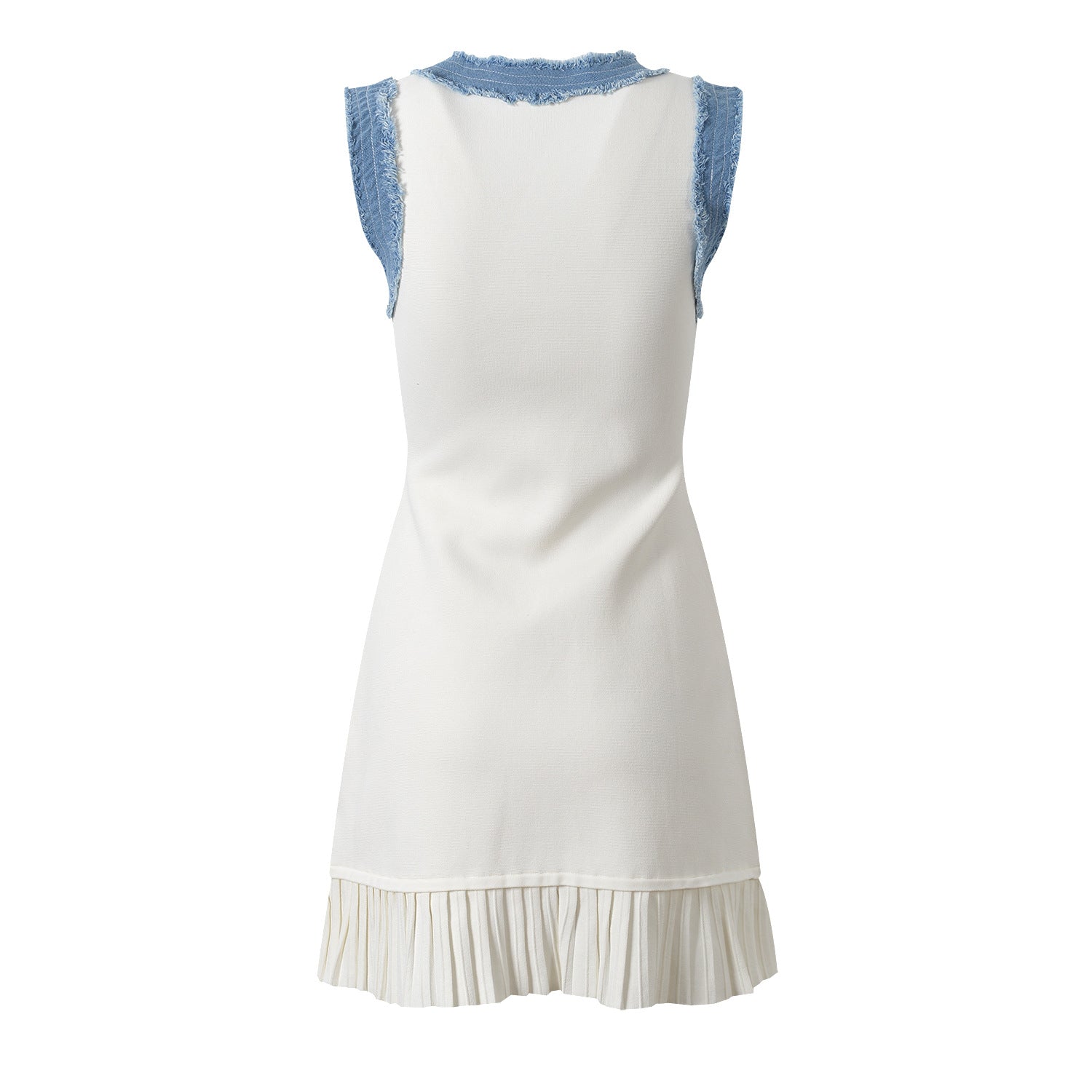 Sleeveless Knit Dress with Denim Trim and Pleated Hem - White