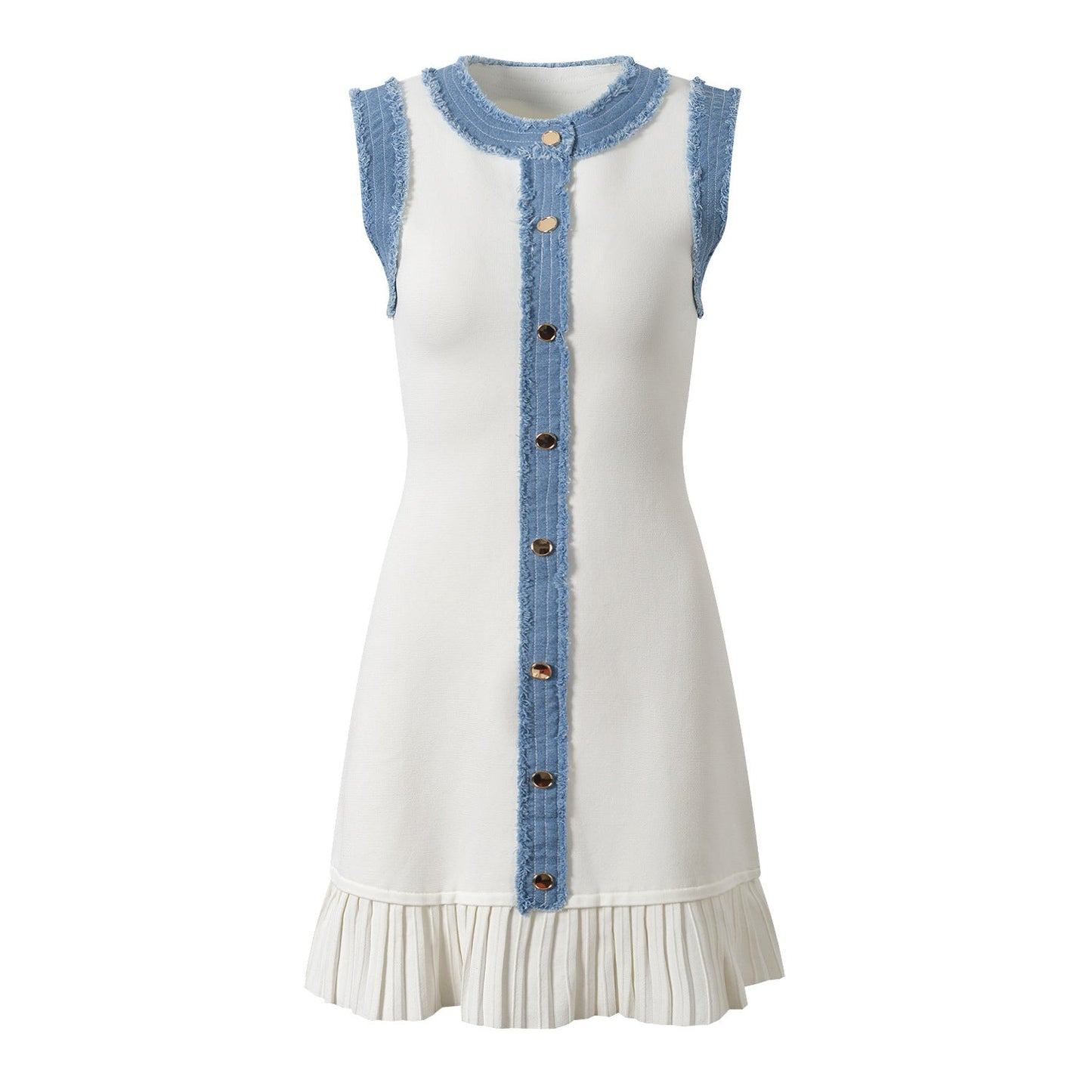 Sleeveless Knit Dress with Denim Trim and Pleated Hem - White