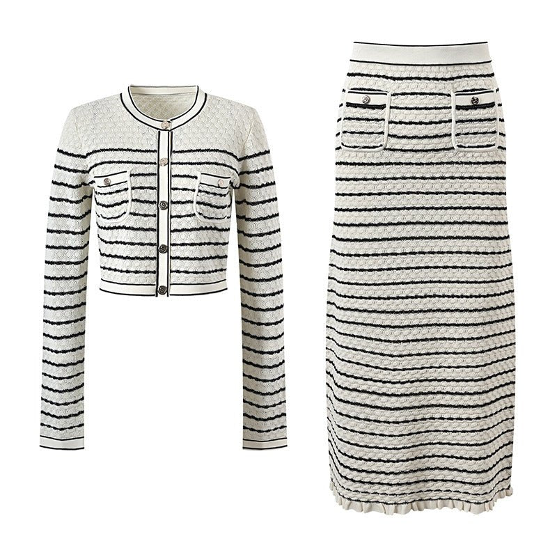 Striped Midi Skirt & Cropped Cardigan - White