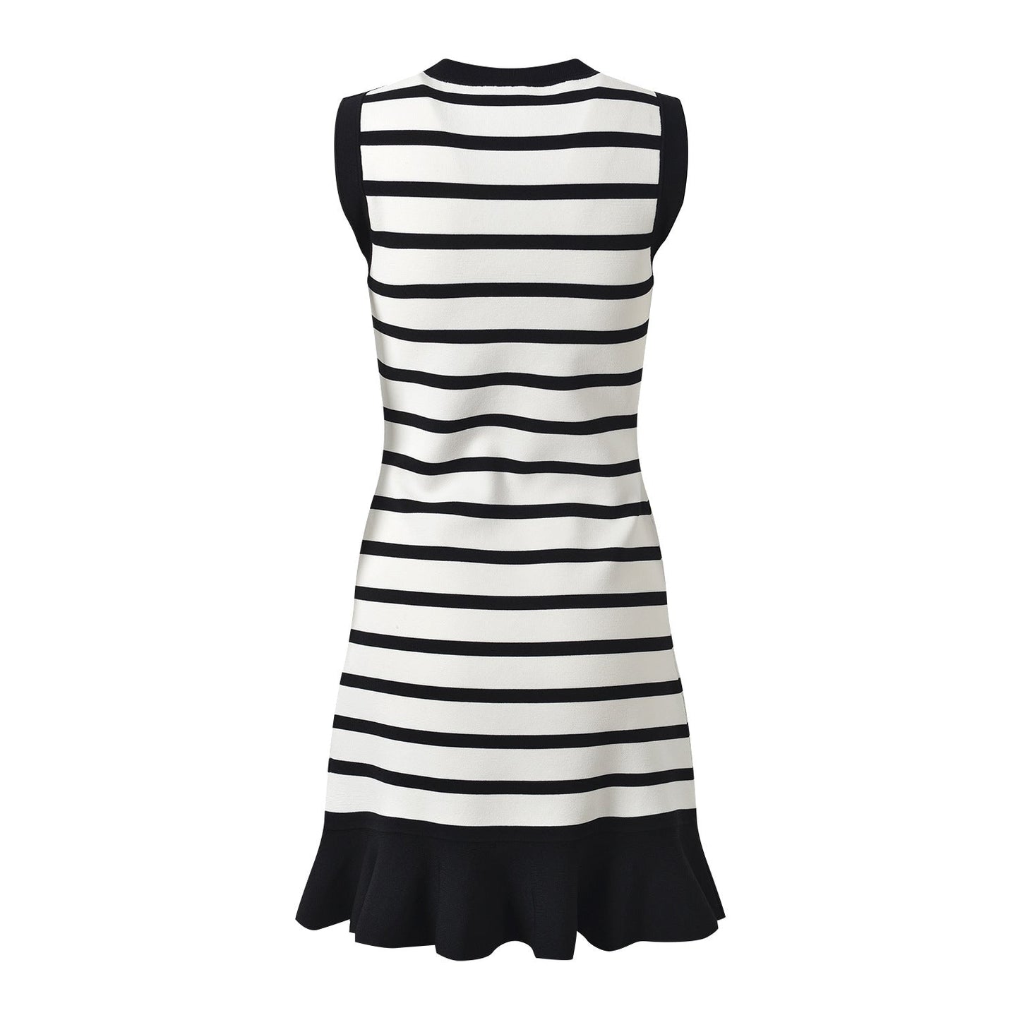 Striped Sleeveless Dress with Gold Button Accents - Black