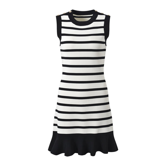 Striped Sleeveless Dress with Gold Button Accents - Black